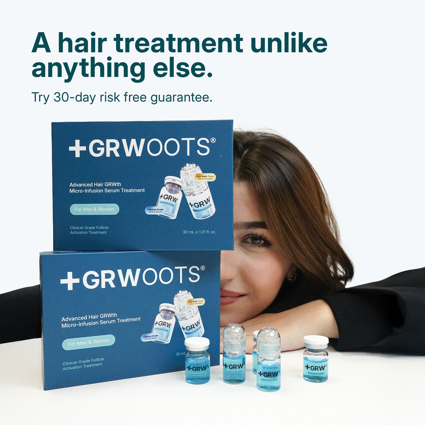 GRWoots micro infusion hair treatment packaging with a woman and bottles on a white background